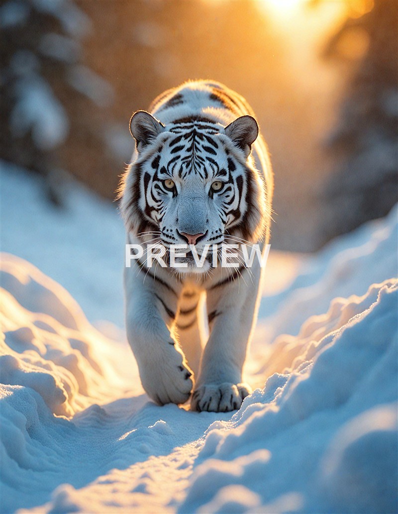 A white tiger with black stripes walking through snow during sunset, with warm sunlight illuminating its fur.